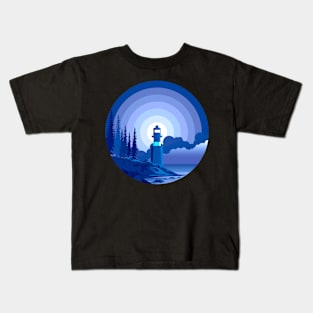 Landscape Lighthouse By The Sea Blue Shades Dark Nautical Kids T-Shirt